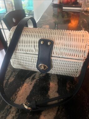 Tommy Bahama White Woven Rattan Crossbody with Black Trim